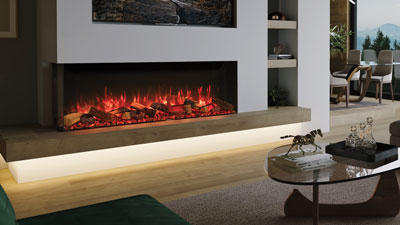 A Large Premium Electric fireplace that can be installed as a 1-sided linear, 2-sided corner, 3-sided bay