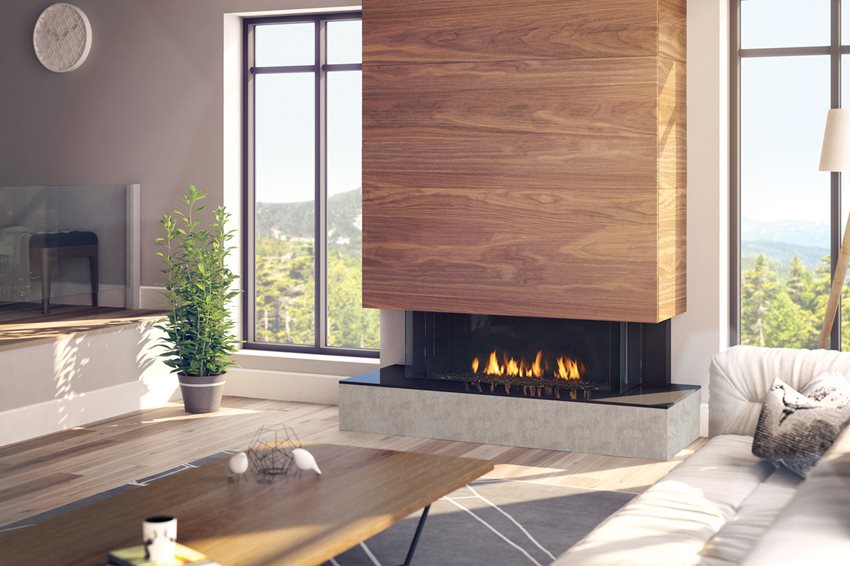 Wood Panel Bay Style Modern Gas Fireplace