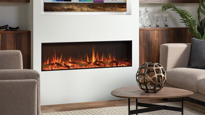 A large sleek and stunning electric fireplace that combines versatility functionality and modern elegance to provide the perfect ambience.