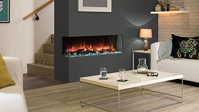 A multi-sided electric fireplace that can be installed in a three sided bay, left corner or right corner orientation.