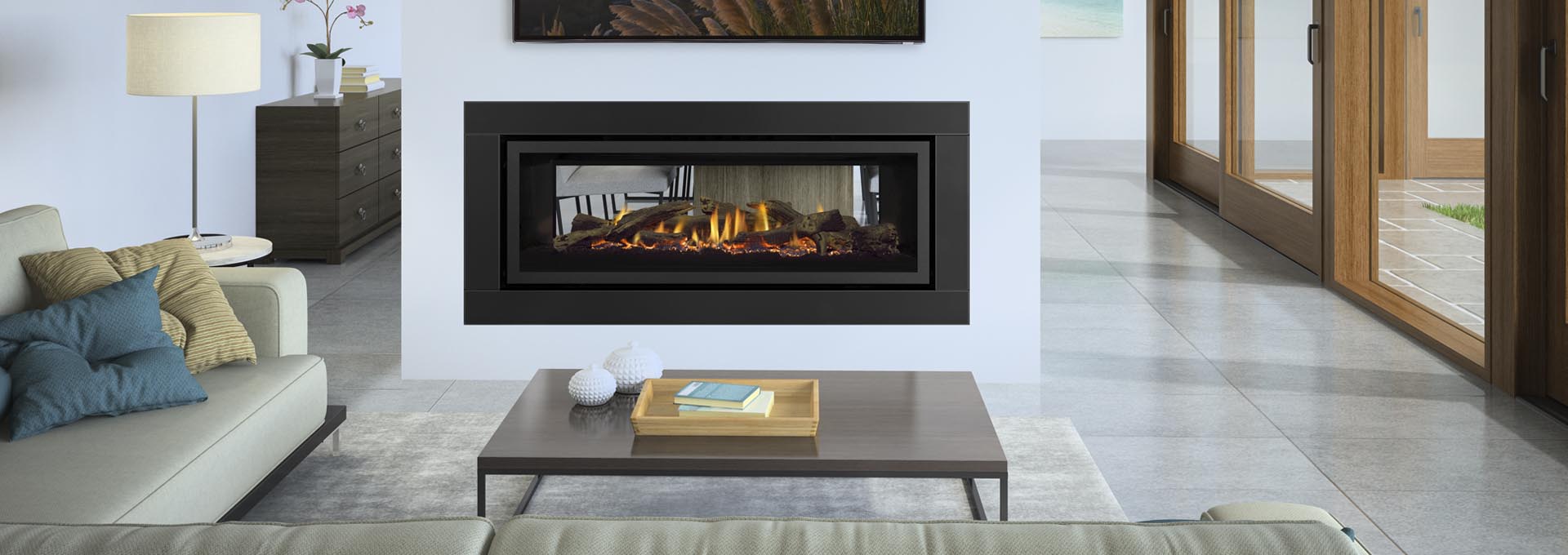Greenfire GF1500LST gas fireplace shown with black glass fascia