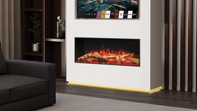 A Medium Premium Electric fireplace that can be installed as a 1-sided linear, 2-sided corner, 3-sided bay