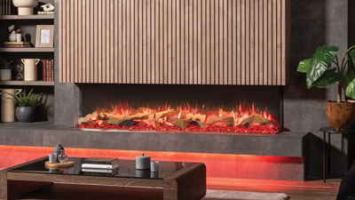An XL Premium Electric fireplace that can be installed as a 1-sided linear, 2-sided corner, 3-sided bay